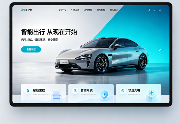 屏幕清晰展示汽车网站模板界面,四周围绕车辆图标