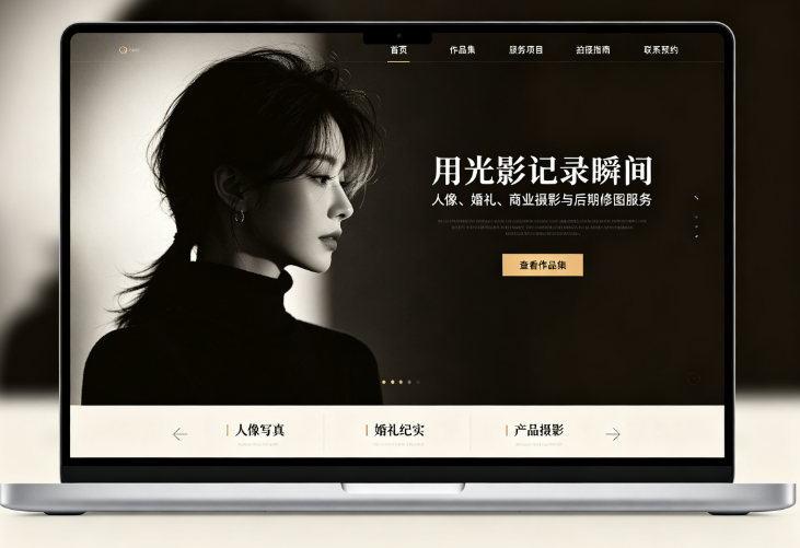 摄影师放大电脑屏幕上的精品照片，呈现作品筛选价值。
